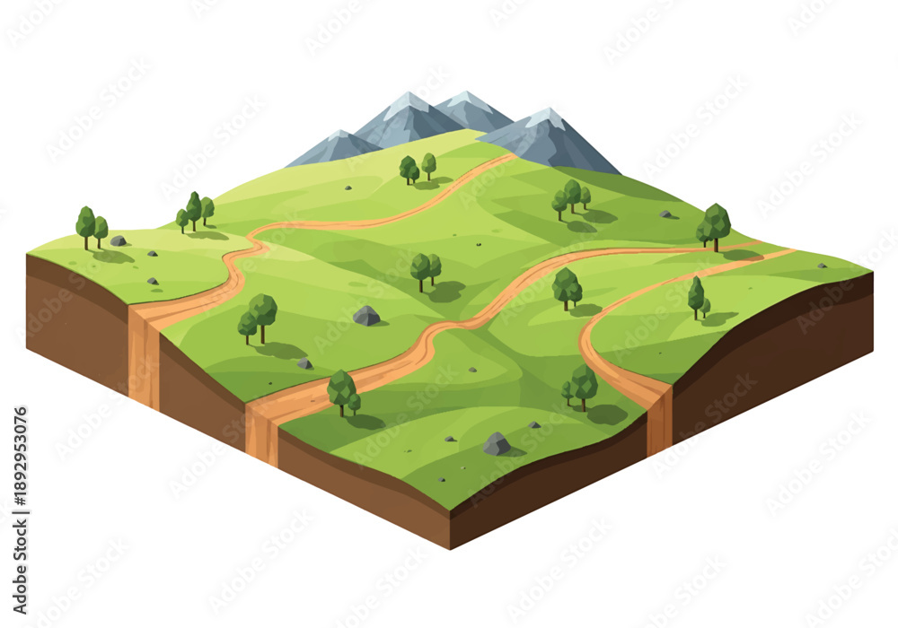 Fototapeta premium Isometric 3D view illustration of a grassland plateau with rolling terrain, dirt paths, scattered trees, and distant mountains, clean vector world scenery