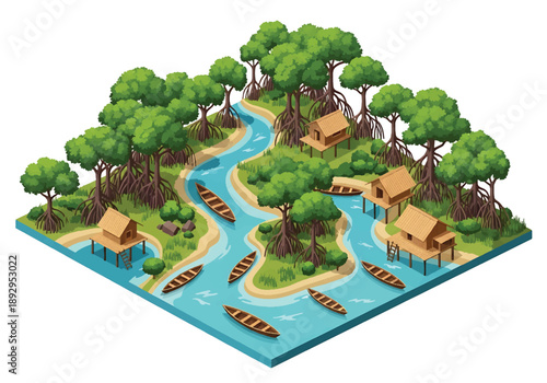 Isometric 3D view illustration of a tropical mangrove coastline with waterways, trees, boats, and huts, eco vector scenery for nature conservation themes