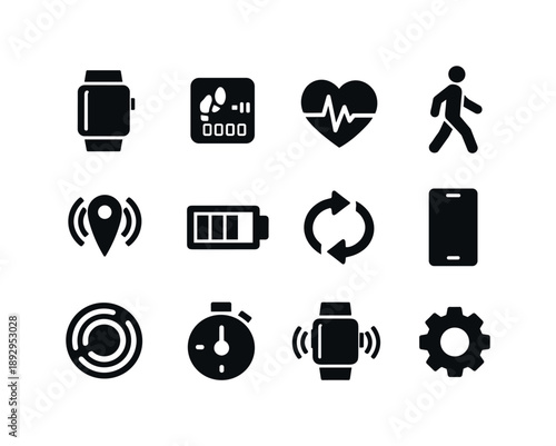 Smartwatch Icon Set. Smart Fitness Watch. Solid icon set of Smart Fitness Watch: smartwatch device, step counter screen, heart rate sensor, walking figure, GPS