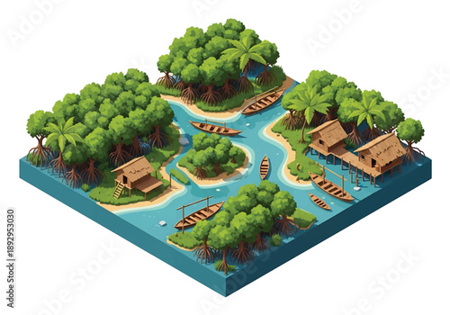 Isometric 3D view illustration of a tropical mangrove coastline with waterways, trees, boats, and huts, eco vector scenery for nature conservation themes