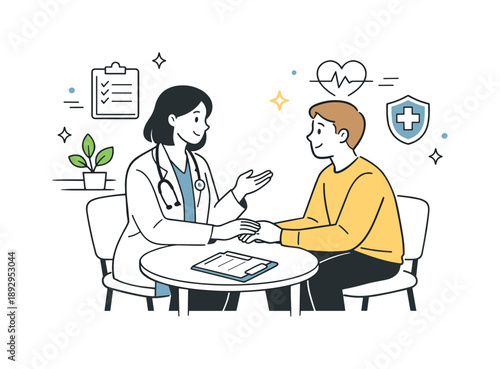 Empathetic Healthcare Moment. Healthcare check-up moment. A doctor and patient sit facing each other in a calm consultation setting. Reassurance, empathy, and