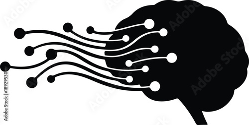 Silhouette digital brain neural network connections and data flow illustration vector