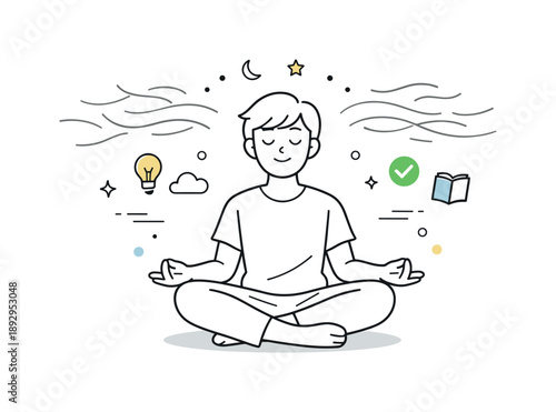 Calm Focus Meditation. Mental clarity and focus. A person sits calmly with eyes closed, breathing deeply as thoughts settle into balance. Clear mind, calm