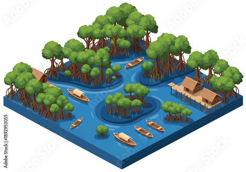 Isometric 3D view illustration of a tropical mangrove coastline with waterways, trees, boats, and huts, eco vector scenery for nature conservation themes
