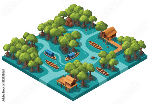 Isometric 3D view illustration of a tropical mangrove coastline with waterways, trees, boats, and huts, eco vector scenery for nature conservation themes