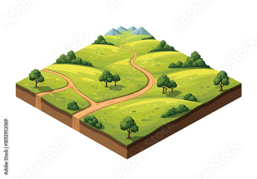 Isometric 3D view illustration of a grassland plateau with rolling terrain, dirt paths, scattered trees, and distant mountains, clean vector world scenery