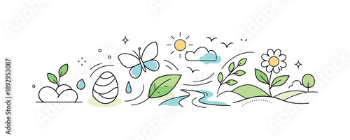 Nature's Renewal. Renewal of nature. Abstract elements transitioning from compact forms into open, flowing shapes, expressing growth and balance. The