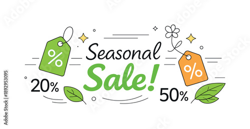 Spring Sale Banner. Seasonal discount banner. Abstract price tags and percentage symbols mixed with leaves and soft motion lines. Clear promotion focus,