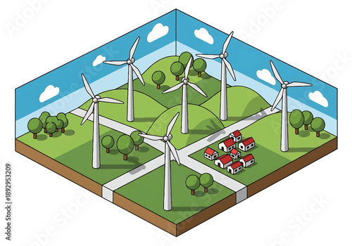 Isometric 3D view illustration of a countryside wind farm with turbines, fields, roads, and hills, modern vector scenery for renewable energy concepts