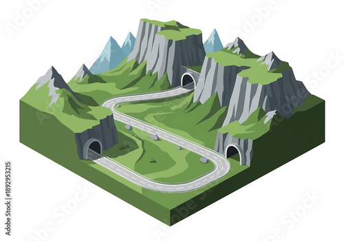 Isometric 3D view illustration of a rural mountain pass with winding road, tunnels, cliffs, and peaks, stylized vector scenery for travel concepts