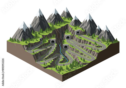 Isometric 3D view illustration of a rural mountain pass with winding road, tunnels, cliffs, and peaks, stylized vector scenery for travel concepts