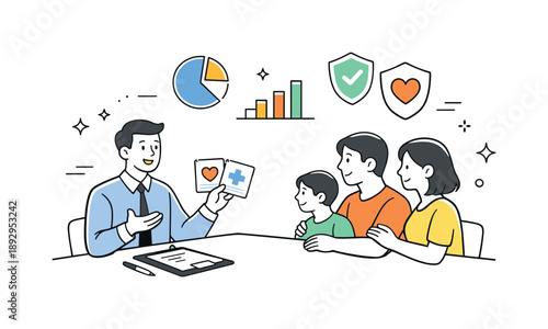 Family Insurance Consultation. Discussing insurance plans for the family consultation. A friendly meeting scene with an insurance advisor explaining plan cards