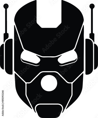 Silhouette futuristic robotic helmet with antennae and circular eye lens illustration vector