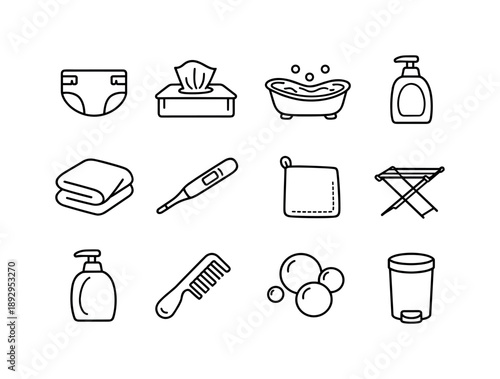 Newborn Hygiene Icons. Newborn hygiene. Line icon set of newborn hygiene: diaper, wipes, bath tub, baby shampoo bottle, soft towel, thermometer, washcloth,