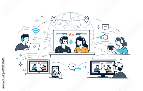 Esports Tournament Broadcast. Online esports tournament coverage. Casters narrating gameplay while viewers watch on multiple screens, highlighting global