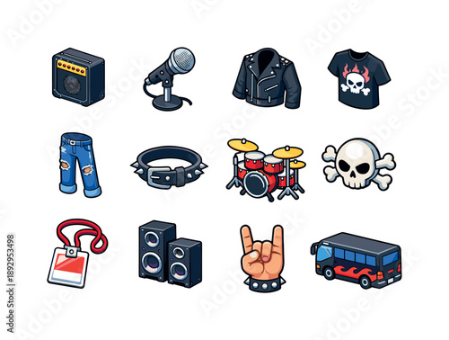 Rock Music Icon Set. Rock music fashion. Colorful isometric vector icons set of Rock music fashion: electric guitar amp, rock microphone, leather jacket, band