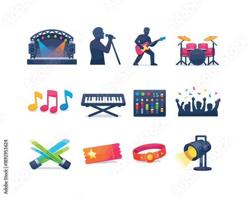 Live Music Icons. Live Music Event. Colorful flat vector icons set of Live Music Event: stage arch, singer silhouette, guitarist, drum kit, keyboard stand,
