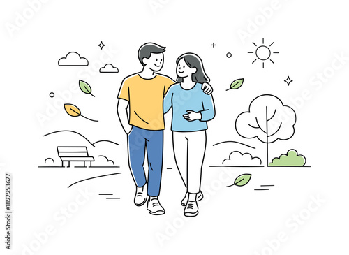 Couple's Park Stroll. Couples enjoying outdoor activities. A couple walks together in a park, talking and smiling while surrounded by nature. Relaxed