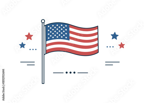 Minimalist Patriotic Celebration. Fourth of July concept. A minimal scene with the US flag and small decorative stars, suggesting celebration without excess.