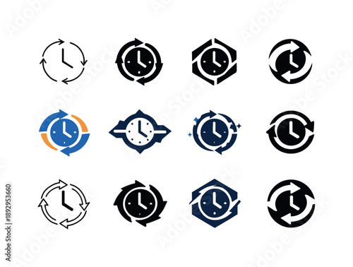 Cross-Timezone Logos. Cross-timezone collaboration. Icon set. Set Logo of Cross-timezone collaboration: sync arrows around clock face. harmonious