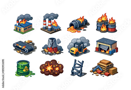 Burning Industrial Icons. burning industrial district. Colorful isometric vector icons set of burning industrial district: flaming factory roof, smoke stacks,