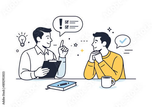 Constructive Feedback Illustration. Manager and employee feedback. Manager giving constructive feedback while employee listens attentively,