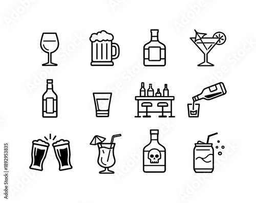 Alcohol Line Icons. Alcohol. Line icon set of Alcohol: wine glass, beer mug, whiskey bottle, cocktail glass, alcohol bottle, shot glass, bar counter, drink