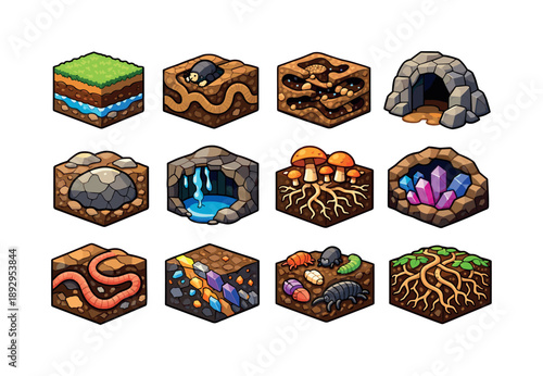 Underground Icon Set. Underground world. Colorful isometric vector icons set of underground world: soil cross-section, mole tunnel, ant colony, cave entrance,