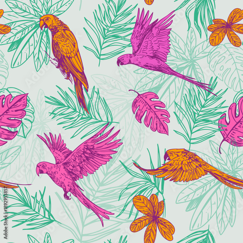 Macaw parrot, tropical bird, palm leaves, seamless pattern, hand-drawn sketch