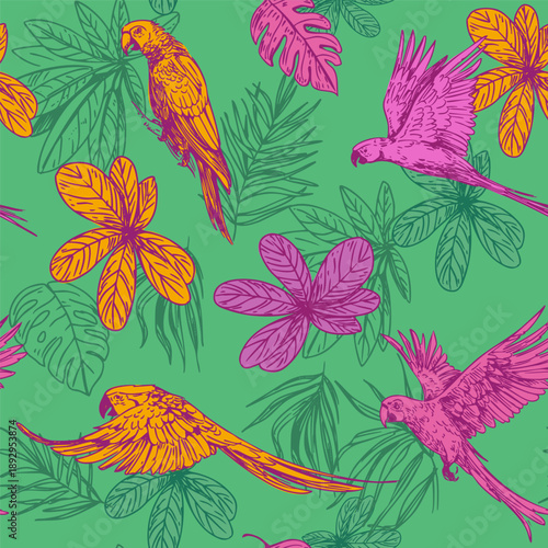 Macaw parrot, tropical bird, palm leaves, seamless pattern, hand-drawn sketch