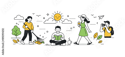 Seasonal Flat Design. Seasonal Banner Flat Design. A wide, airy composition with simple characters and seasonal elements like leaves, sun, or clouds arranged