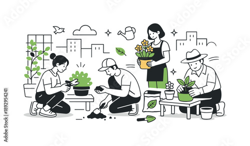 Urban Garden Harmony. Urban garden activity. People trimming plants, repotting flowers, and checking soil in a compact city garden. Relaxed, mindful