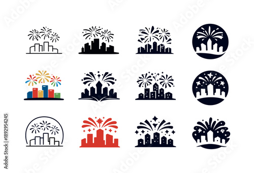 Festive Fireworks Icons. Holiday fireworks exploding over a city skyline. Icon set. Set Logo of Holiday fireworks exploding over a city skyline: fireworks