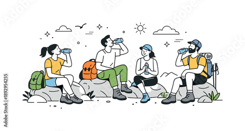 Hikers' Nature Break. People hiking nature break. Group resting on rocks and drinking water. Relaxed pause and mindful connection with nature. Minimalist flat