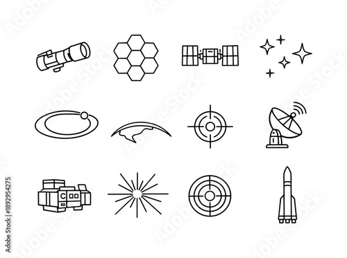 Space Telescope Icons. Space Telescope. Line icon set of Space Telescope: space telescope body, segmented mirror, solar panels, star field, orbit path, Earth