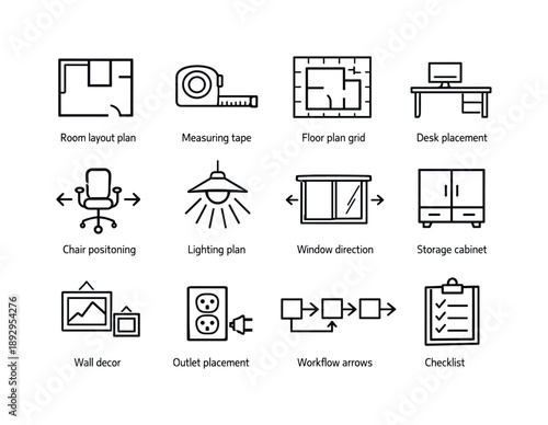 Workspace Design Icons. Workspace planning. Line icon set of Workspace planning: room layout plan, measuring tape, floor plan grid, desk placement, chair