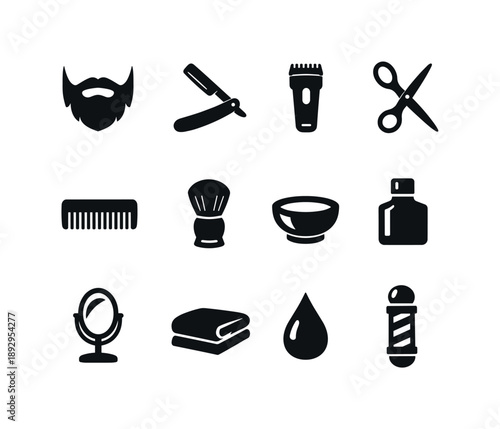 Beard Grooming Icons. Beard Grooming. Solid icon set of Beard Grooming: beard silhouette, straight razor, trimmer, scissors, comb, shaving brush, shaving bowl,