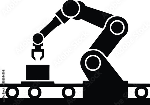 Silhouette robotic arm on conveyor belt with box illustration vector