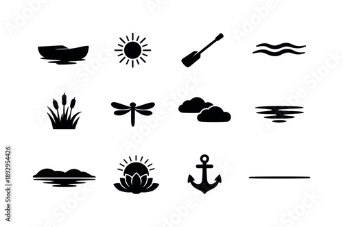 Peaceful Water Ride. Peaceful Water Ride. Solid icon set of Peaceful Water Ride: boat silhouette, still water, spring sun, paddle oar, gentle ripple waves,