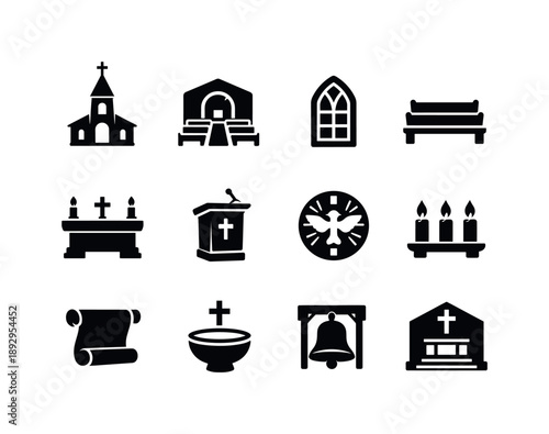 Baptism Icon Set. Baptism in church setting. Solid icon set of baptism in church setting: steeple, nave interior, window arch, pew row, altar table, pulpit,