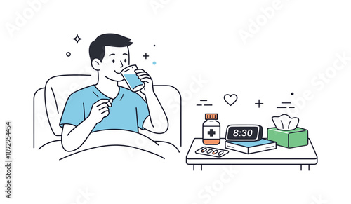 Calm Recovery Routine. Hospital recovery routine. A patient taking medication and drinking water, simple bedside table with essentials neatly arranged. Calm