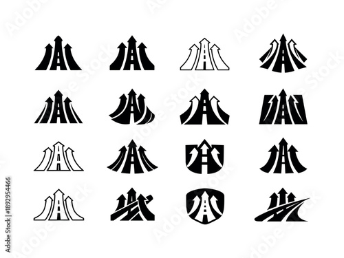 Traffic Management Icons. traffic management. Icon set. Set Logo of traffic management: road lanes with dynamic arrows. harmonious logo variations of the same