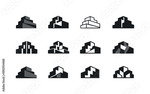 3D Facade Icons. 3D facade. Icon set. Set Logo of 3D facade: stepped architectural blocks. harmonious logo variations of the same emblematic concept, each with