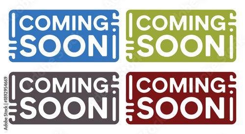 A set of colorful coming soon signs on a white background