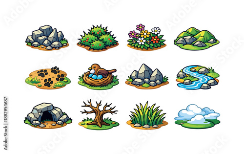Colorful Valley Icons. Wild Valley. Colorful isometric vector icons set of Wild Valley: rugged terrain, thorn bushes, wildflowers bloom, uneven hills, animal