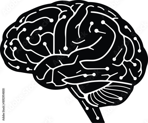 Silhouette stylized human brain with circuits and nodes illustration vector