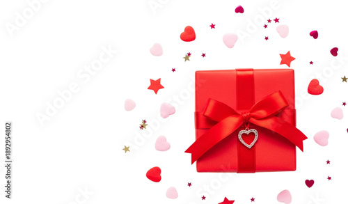 Valentine’s Day red gift box with heart top-down composition