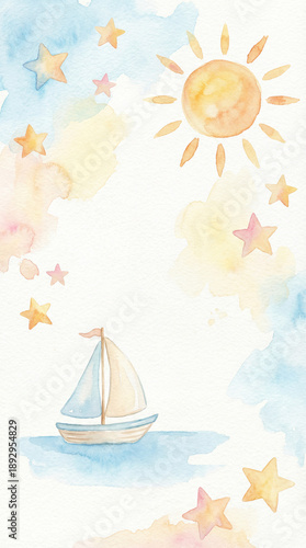 Cute Pastel Vertical Frame Illustration with Ocean Theme and Diagonal Composition