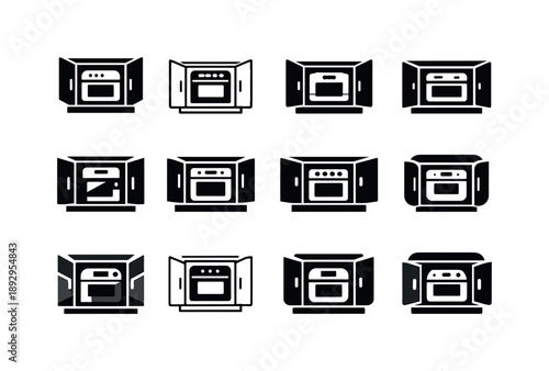 Kitchen Appliance Icons. Storing large kitchen appliances in cabinets. Icon set. Set Logo of Storing large kitchen appliances in cabinets: oven or toaster