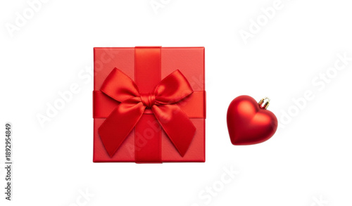 Red gift box with bow and heart top view 3D mockup